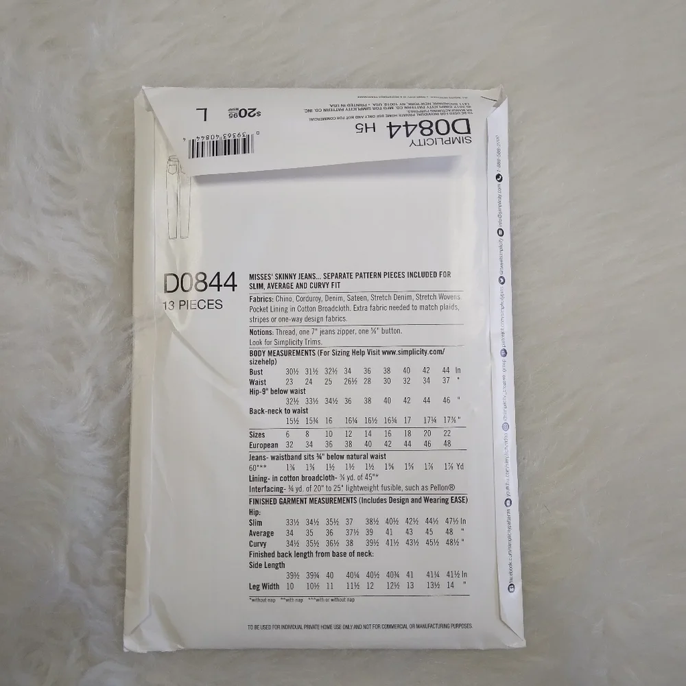 SIMPLICITY D0844 Sz 6-14 MimiG Style Skinny Jeans In Aversge Slim And Curvy Fit